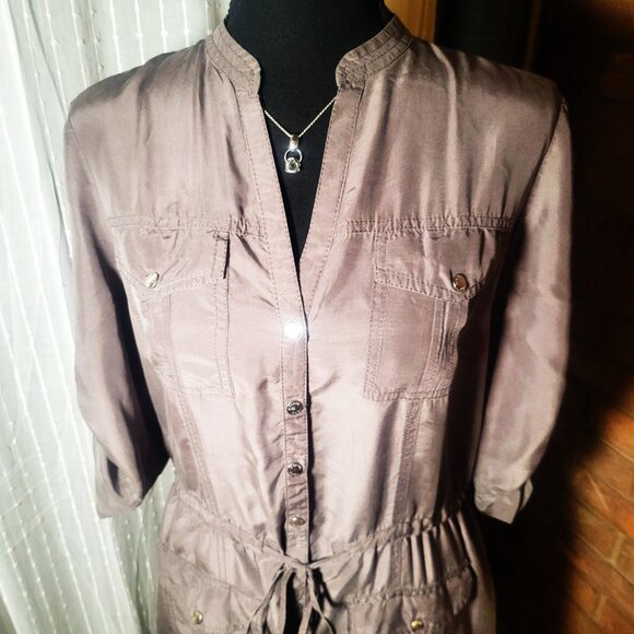 Michael Kors Silk Shirt Dress Taupe - 3/4 Button Tab Sleeves Cinch Waist - Sz M - Picture 3 of 11